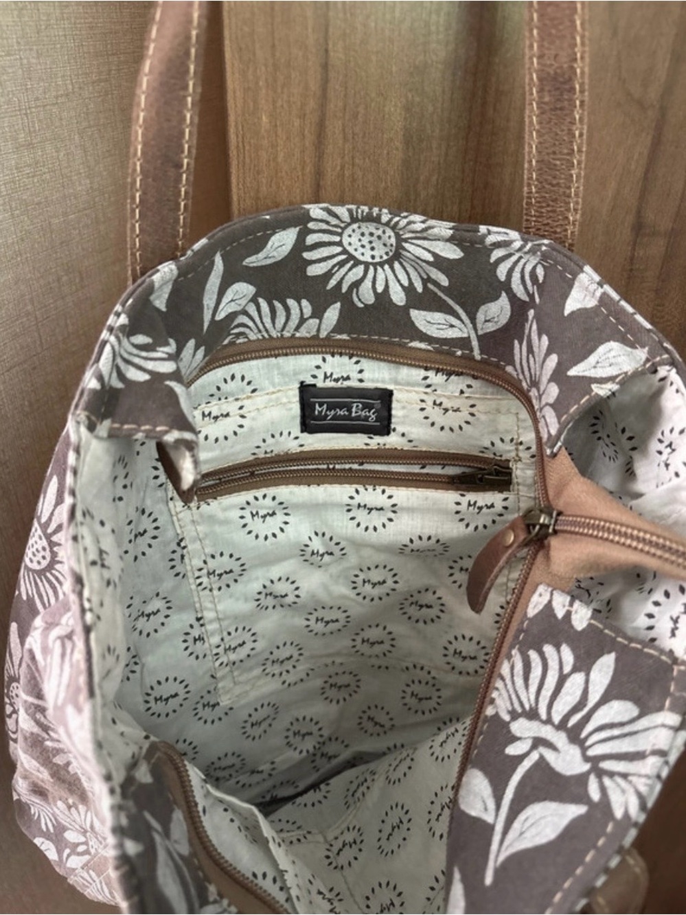 Myra Canvas Floral Tote Bag in Brown and White with Leather trim -NWT - Picture 6 of 8